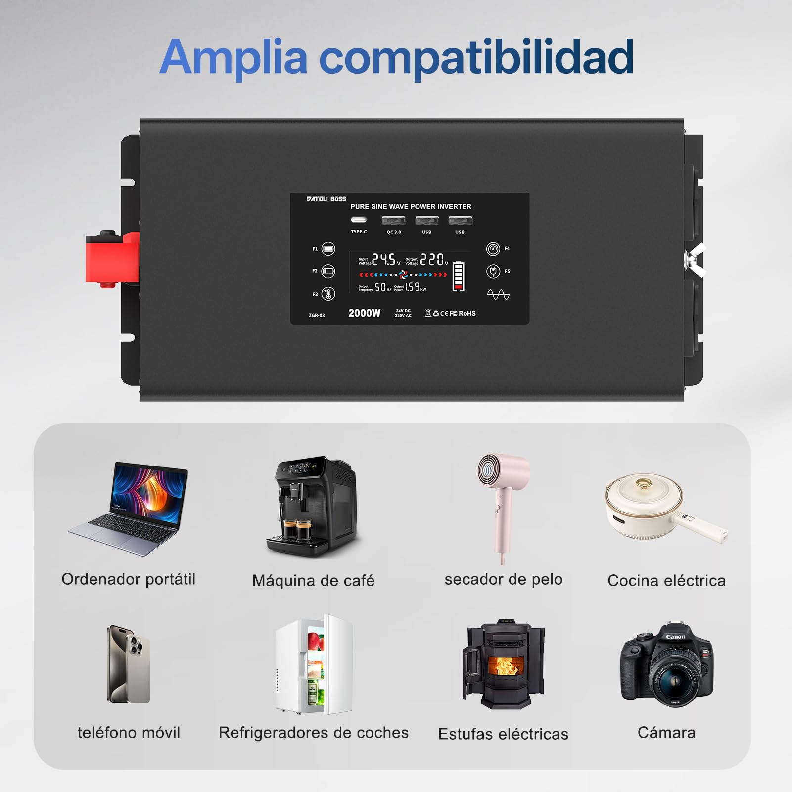 DATOUBOSS Inversor 24V 220V 2000W Onda Pura, Convertidor 4000W(Pico) con 2 Enchufes de la UE, Transformador con 4 USB (1xQC3.0, 1xUSB-C, 2xUSB-A), Pantalla LCD,Mando a Distancia,para Coches Camiones
