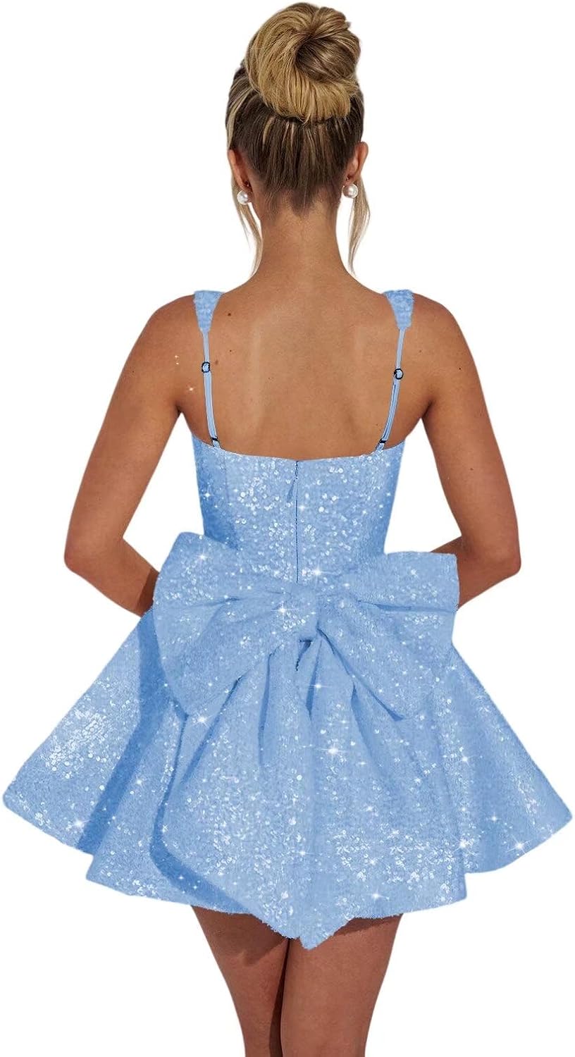 Dessiny Square Neck Sequin Homecoming Dresses Spaghetti Strap Cocktail Party Dresses with Bow DE334