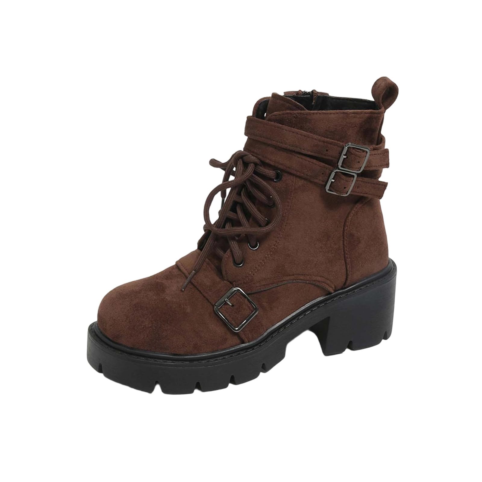 Ladies Winter Casual Boots with Versatile Short Design Solid Color Round Toe Front Lace-Up Thick Heel Mid-Heel for
