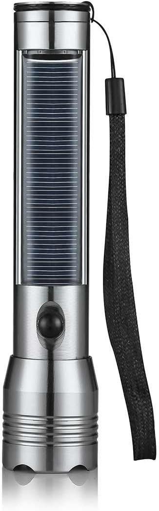ECEEN Solar Flashlight Aluminum Alloy Handheld Solar Powered Lamp Torch Outdoor Camping Flashlights Rechargeable Lithium Battery with USB Charge Cable (Silver)