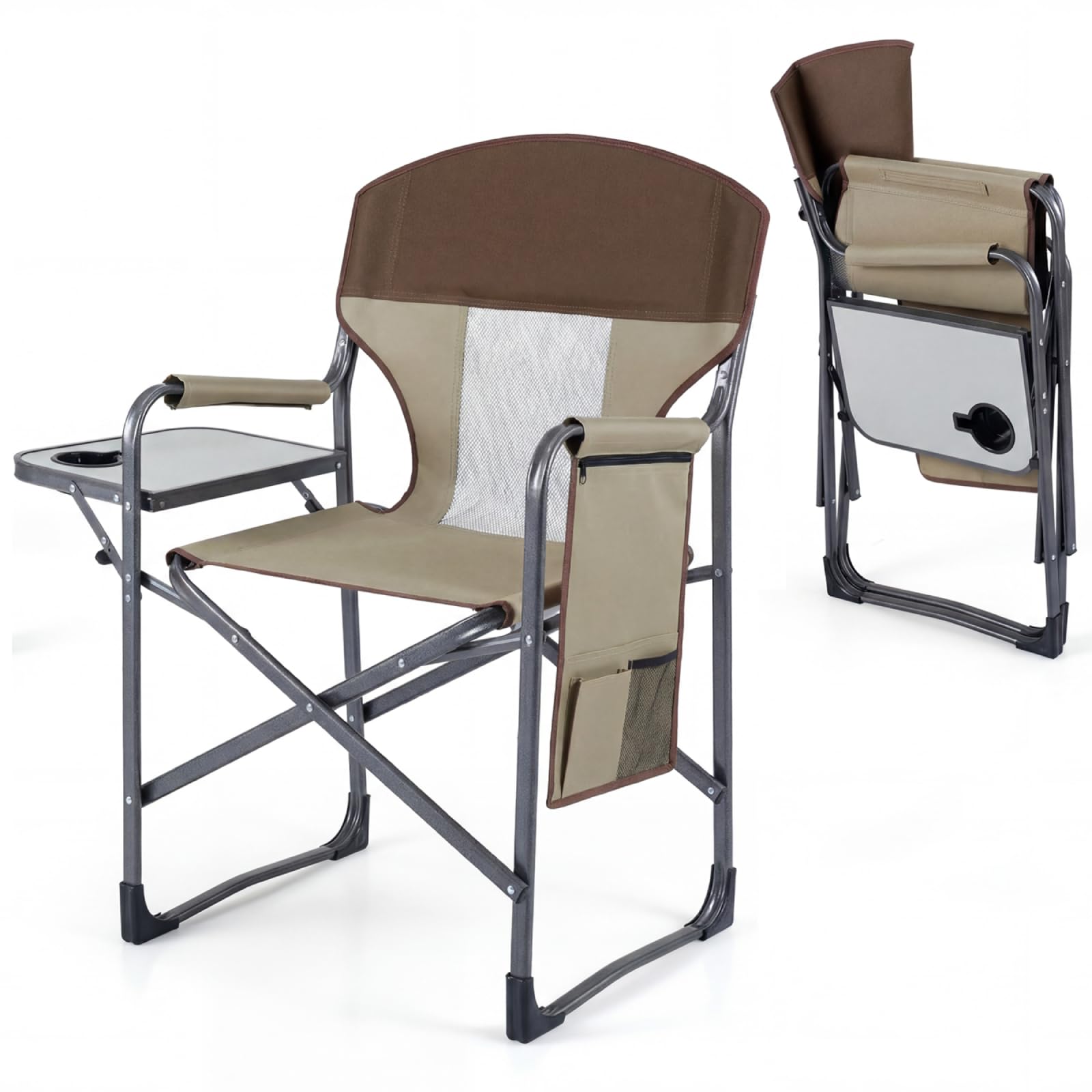TANGZON Folding Camping Chair, Portable Comfy Directors Chair with Side Table & Cup Holder, Heavy Duty Oversized Seat for Garden Fishing Beach Picnic (Brown+Gray, 83 x 50 x 101cm, with Storage Pocket)