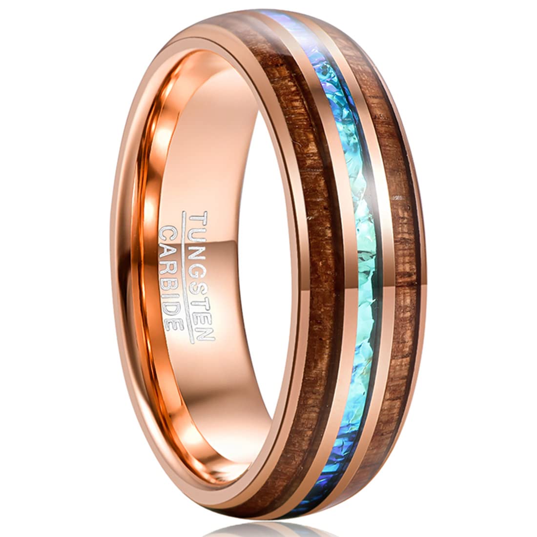 GALANI Anillo para hombre de 8 mm, oro rosa, carburo de tungsteno Koa, anillo de madera con ópalo, anillo de amistad, anillo de pareja, adecuado para compromiso, matrimonio, aniversario, joyería para