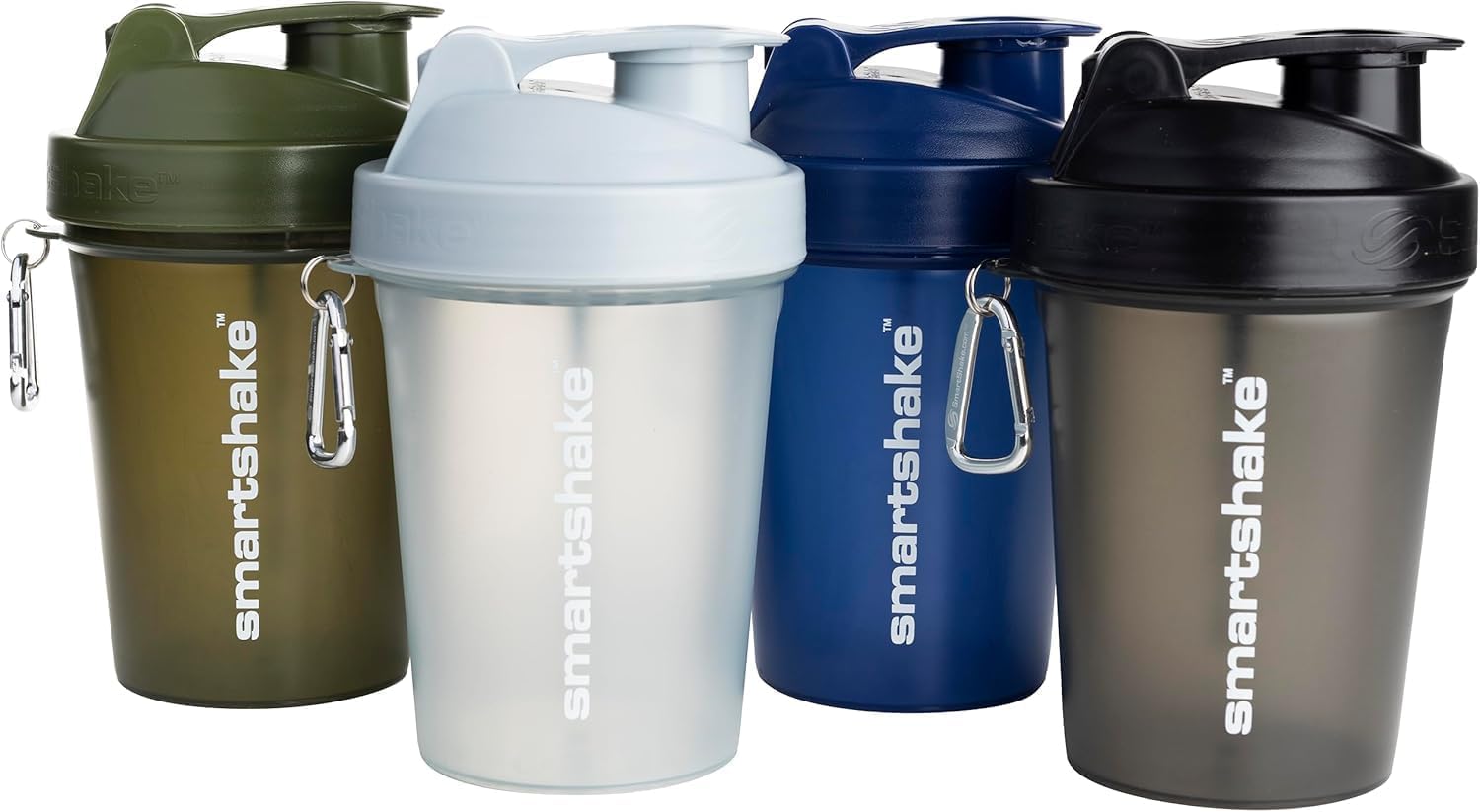 Smartshake Botella mezcladora de proteínas Lite (paquete de 4) 400 ml | 13.5 oz - Tapa de rosca antifugas - Sin BPA - Mezclador unisex para gimnasio - Gris niebla, Verde militar, Negro, Azul marino