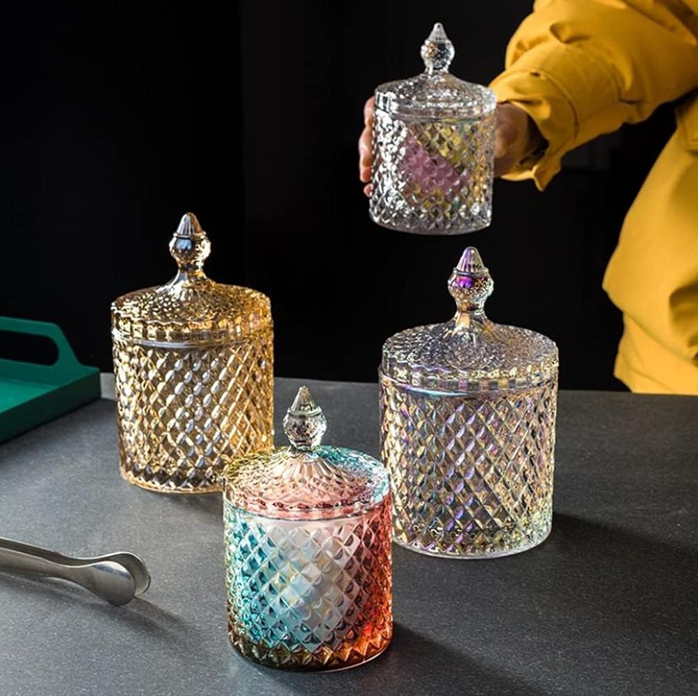 Glass Candy Jar with Lids 300m/10OZ Glassware Crystal Candy Dishes Food Storage Container Sugar Cube Bowl Apothecary Jars for Wedding Party Display (Clear)
