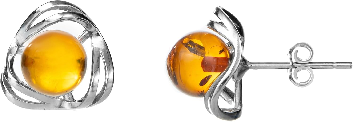 Baltic Round Amber Sterling Silver Flower Ball Earrings for Women