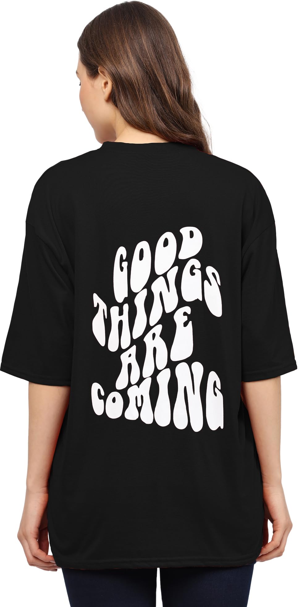 Women Casual Printed Short Sleeve with Round Neck Cotton Blend Over Size Longline Drop Shoulder, Very Trendy Printed, Boho Style Black T-Shirt_PT_398