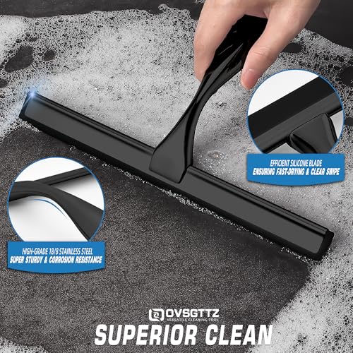 Image of Stainless Steel Shower Squeegee for Glass, Includes 3 Adhesive Hooks, Shower Door Squeegee for Bathroom, Household Window, Car Windshield, Mirrors, Tiles Scrubber Clear, 12 inch Black
