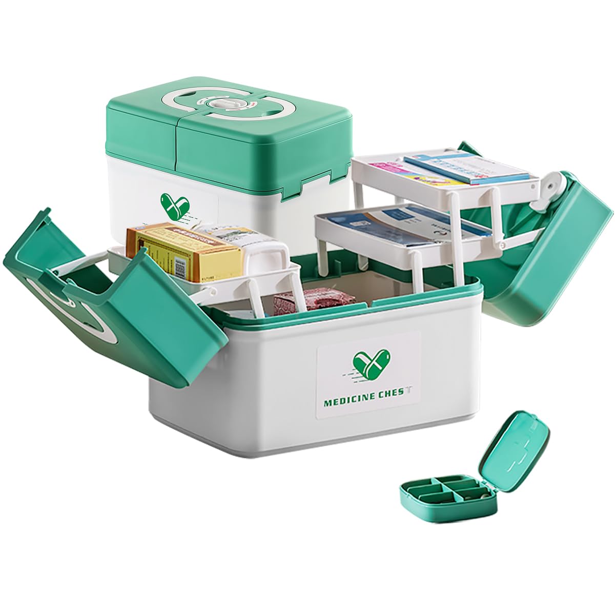 Medicine Storage Box Plastic Medical Organizer Portable 3-Tier Medical Storage Containers Child Proof Medicine Cabinet Chest Family Emergency First Aid Travel Kit Pill Case with Compartments Handle