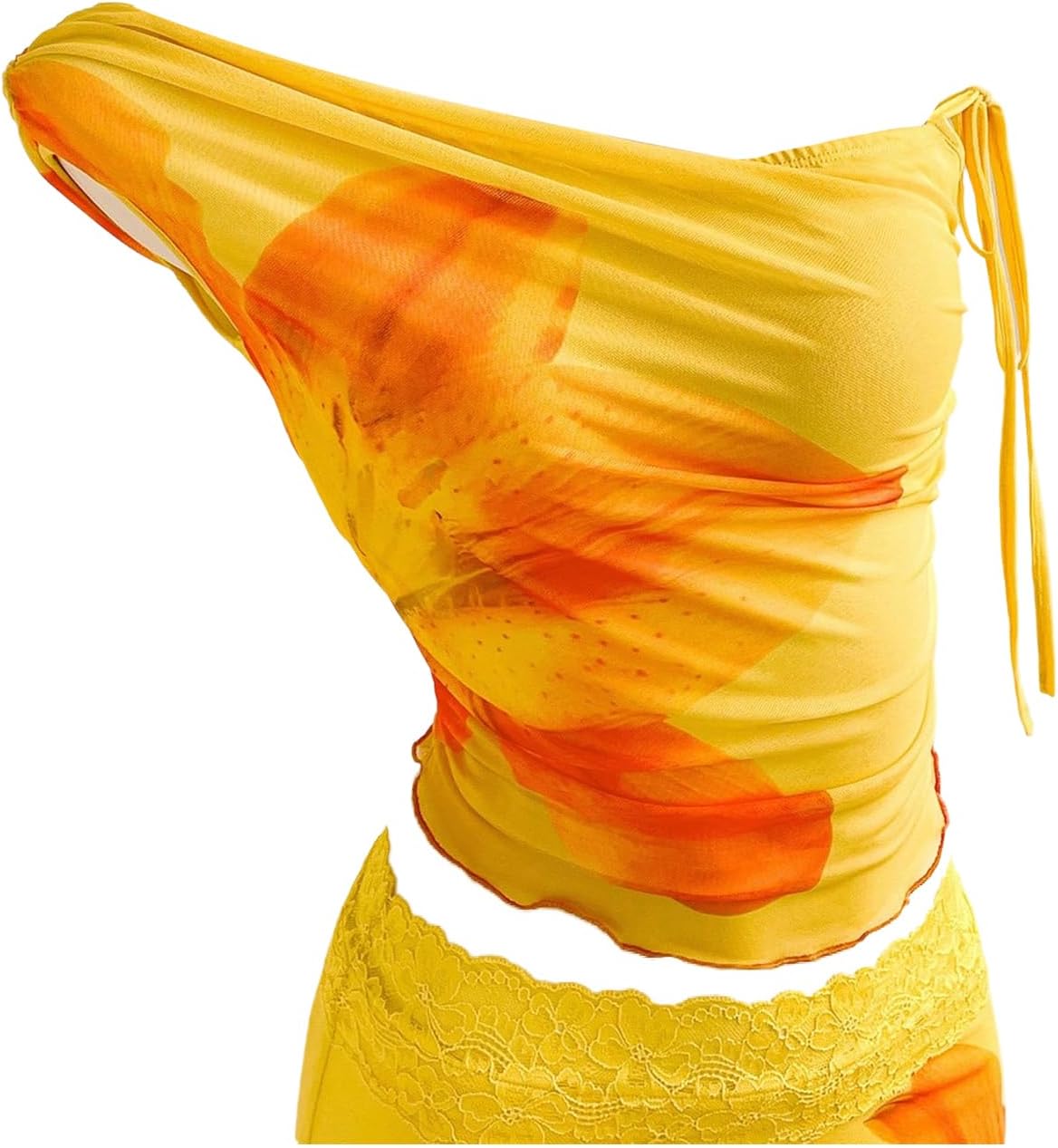 SOLY HUX Women's 2 Piece Outfit Floral Mesh Ruched One Shoulder Crop Tank Top and Bodycon Maxi Skirt Set - Image 3