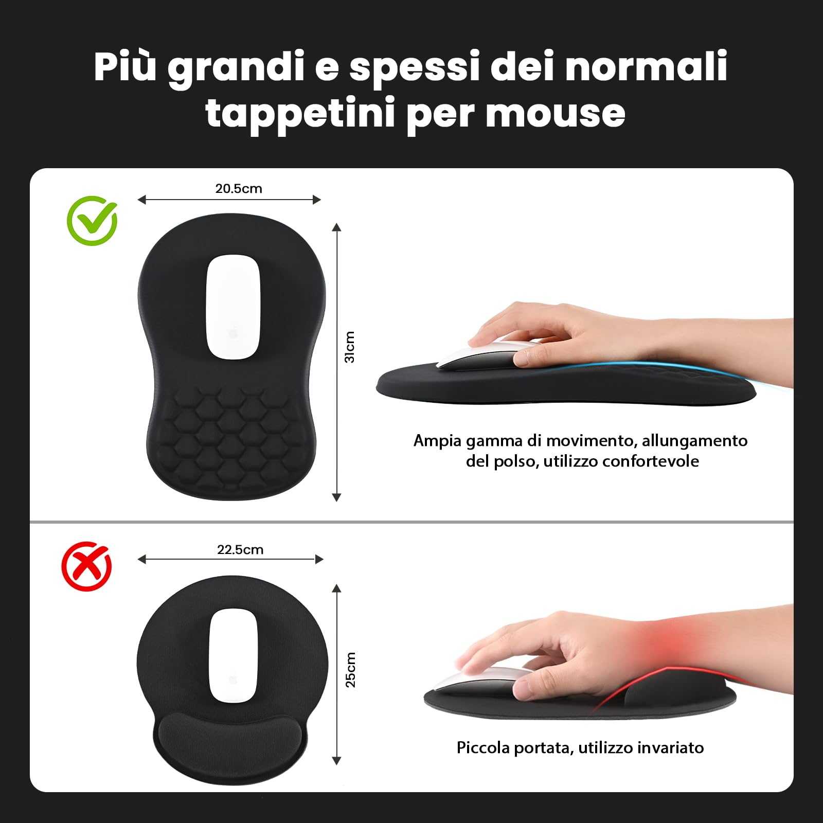 EooCoo Tappetino per Mouse con Supporto Polso e Design Massaggio, Comodo Ergonomico Mouse Pad, Tappetino Mouse Poggiapolsi con Schiuma di Memoria e Base in Silicone Antiscivolo, 12x8 pollici, Nero