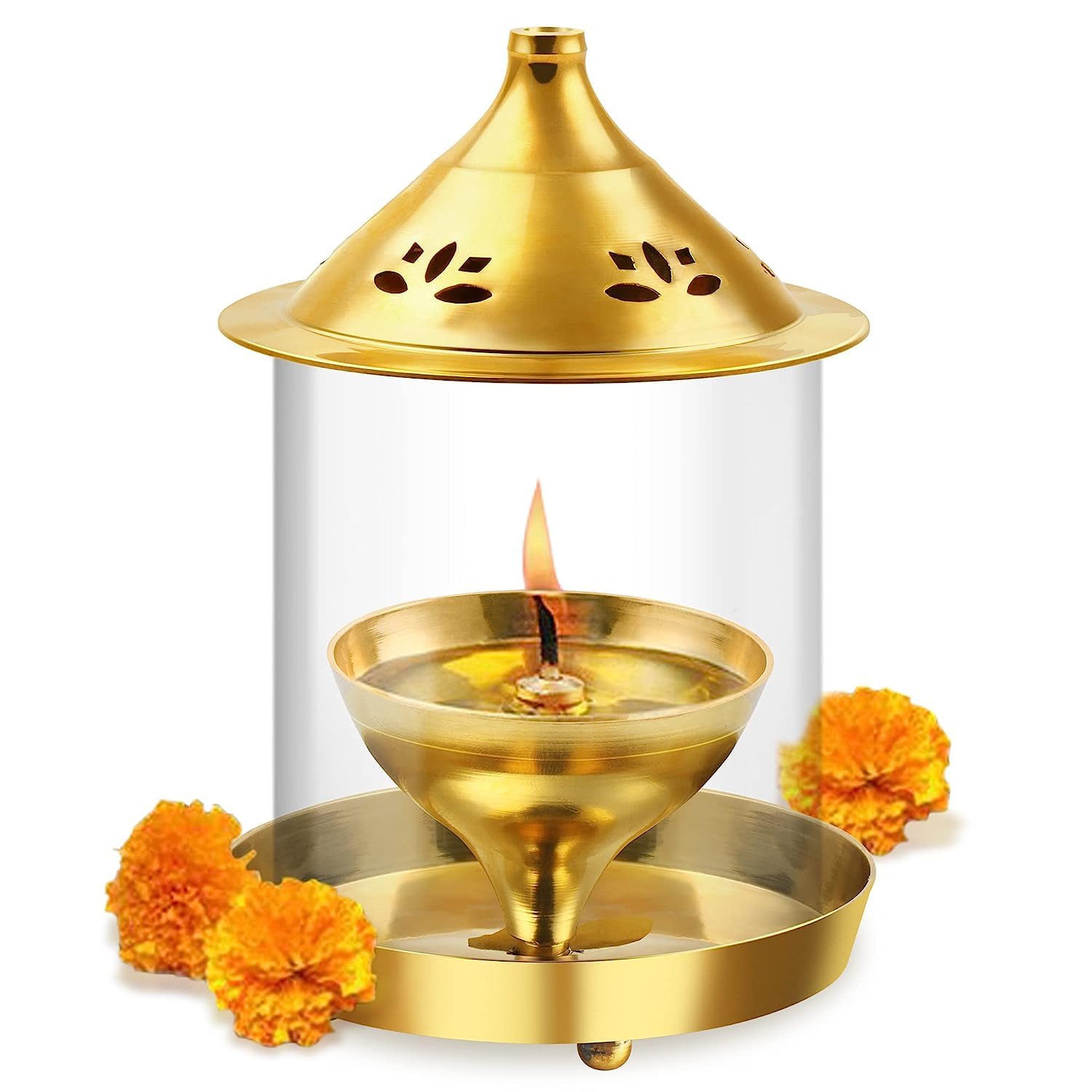 True Decor 7 Inches Akhand Jyoti Diya Large Size Akhand Jyoti Deepam Akhand Diya for Puja Big Size Brass with Borosilicate Glass Cover