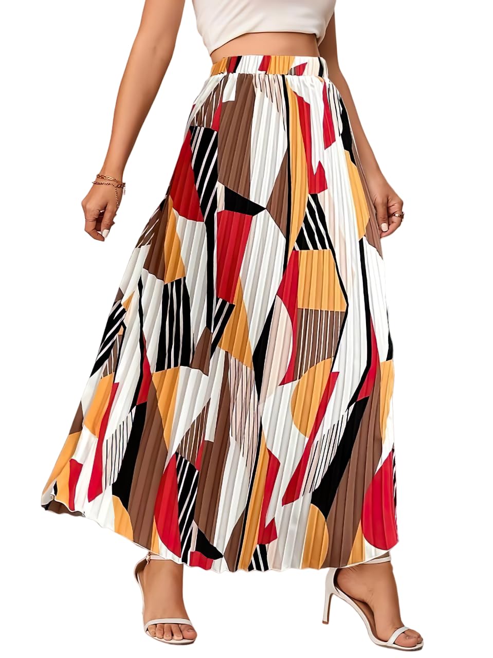 kzully | Women's Long Skirt High Waist Print Pleated Maxi Skirt Regular Fit Casual Long Skirt White-Red S-picture-15