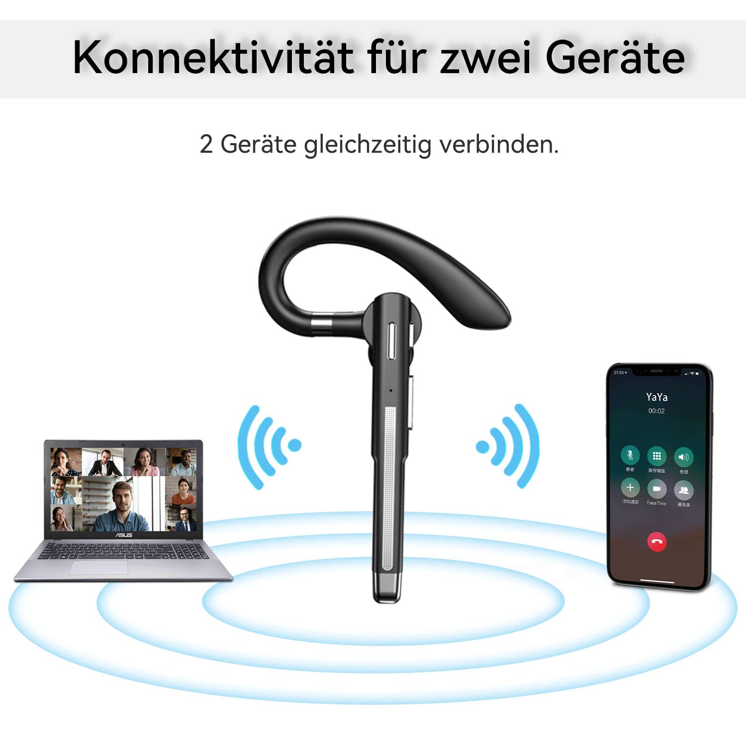 Bluetooth Headset mit Mikrofon, V5.4 In Ear Freisprech Handy Kabellos Kopfhörer mit LED Ladebox für Autofahren/Business/Büro, IPX7 Wasserdicht, Kompatibel mit iPhone Android Smartphones und Tablets