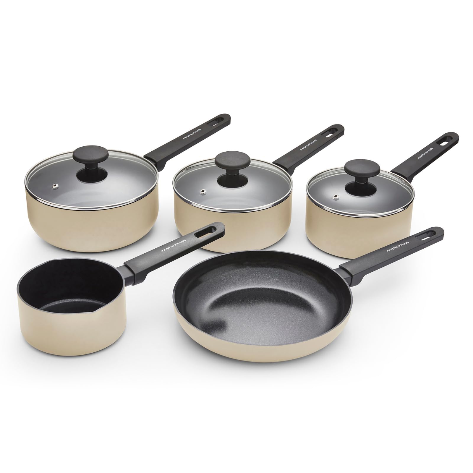 Morphy Richards 5-Piece Saucepan Set, Recycled Aluminium, 14cm Milk Pan, 23cm Frying Pan, 16cm, 18cm & 20cm Saucepan, Non Stick Coating, Soft Touch Handles, Suitable for All Hobs, Cream