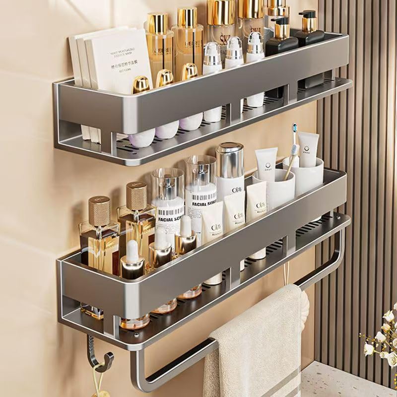 J.OZEANE Estante de ducha sin taladrar – 2 unidades de estante de baño de acero inoxidable de 40 cm con 5 ganchos, soporte para champú, cosméticos, especias, para ducha y cocina, color gris oscuro,