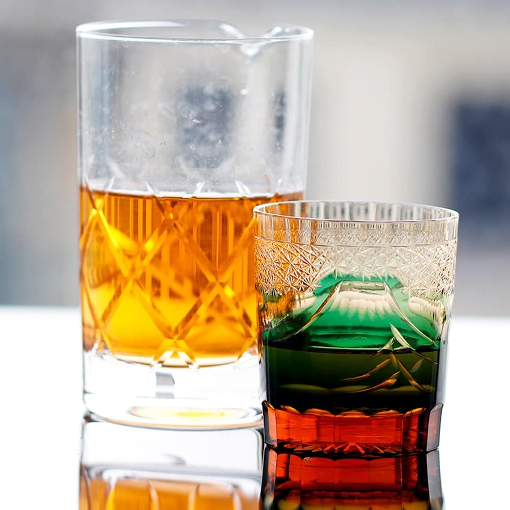 JINZHI Edo Kiriko Crystal Whiskey Glasses 8oz Japanese Style Colored Glass Tumbler for Bourbon Lovers - Style Glassware for Rum - Rocks Glasses in Gift Box (Amber Green, 250ml)