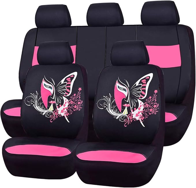 CAR PASS Pink Leather & Gaberdine Butterfly Inspiration Car Seat Covers