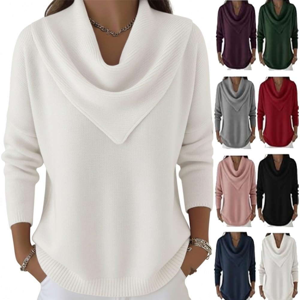 Elegant Retro Soft Triangle Neck Solid Color Sweater Top Long Sleeve Cozy Cowl Style Pullover for Women
