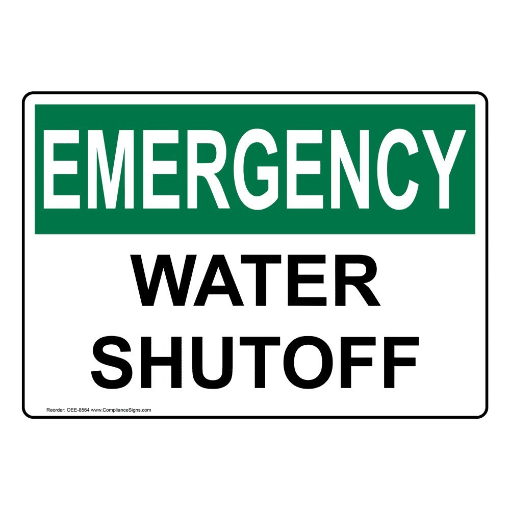 ComplianceSigns.com EMERGENCY Water Shutoff OSHA Safety Label Decal, 7x5 in. Vinyl for Emergency Response