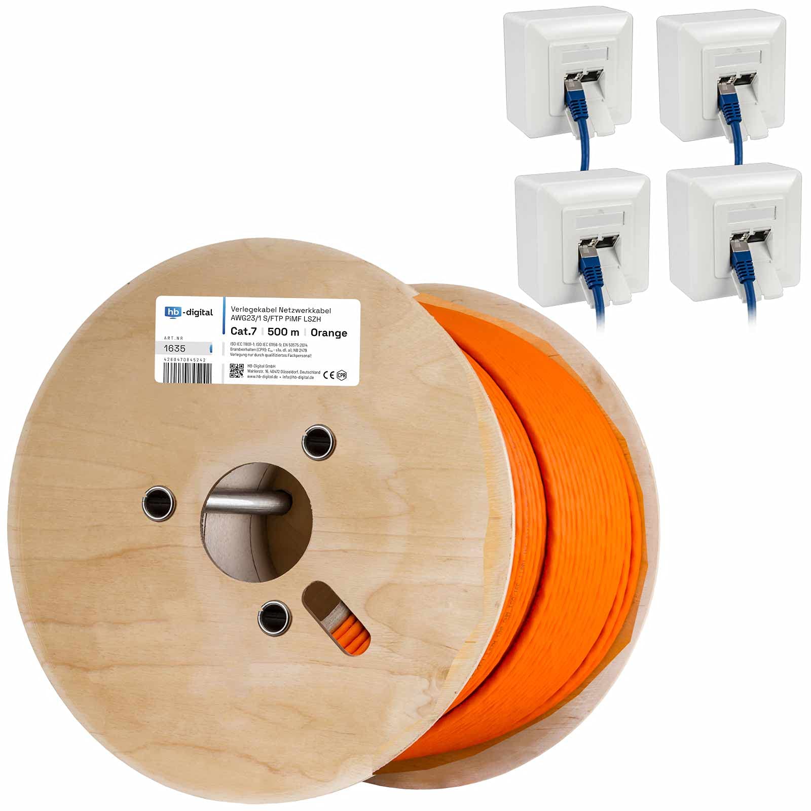 HB-DIGITAL SET Câble réseau LAN CAT.7 de 500 m - Câble de pose AWG 23 - Cuivre pur S/FTP PiMF LSZH - Sans halogène - RoHS - Certifié GHMT - Ethernet PoE 10 Gbit/s 1000 MHz - Orange + 4 prises réseau