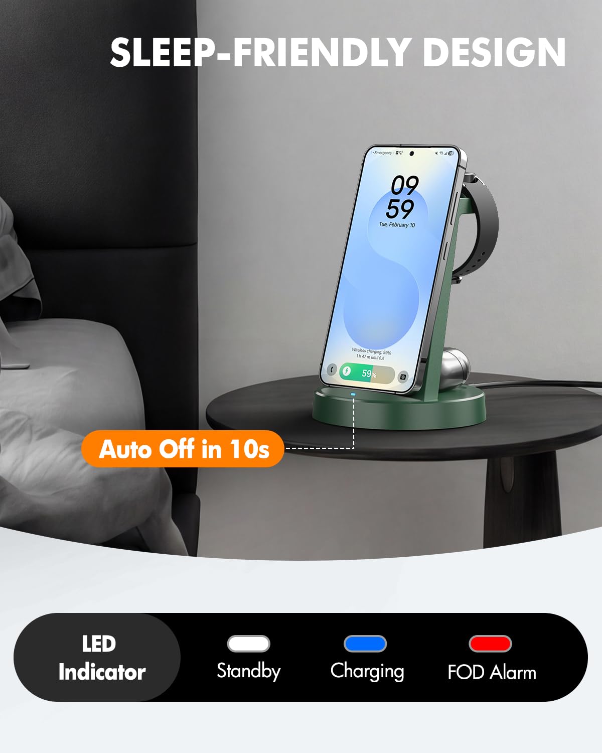 15W Fast Wireless Charger for Samsung: 3-in-1 Charging Station for Samsung S26/S25/S24/S23/S22, Note 20/10, Z Fold 6/5, Galaxy Buds 4/3/2 Pro, Galaxy Watch Ultra/8/7/6/5,Dark Green