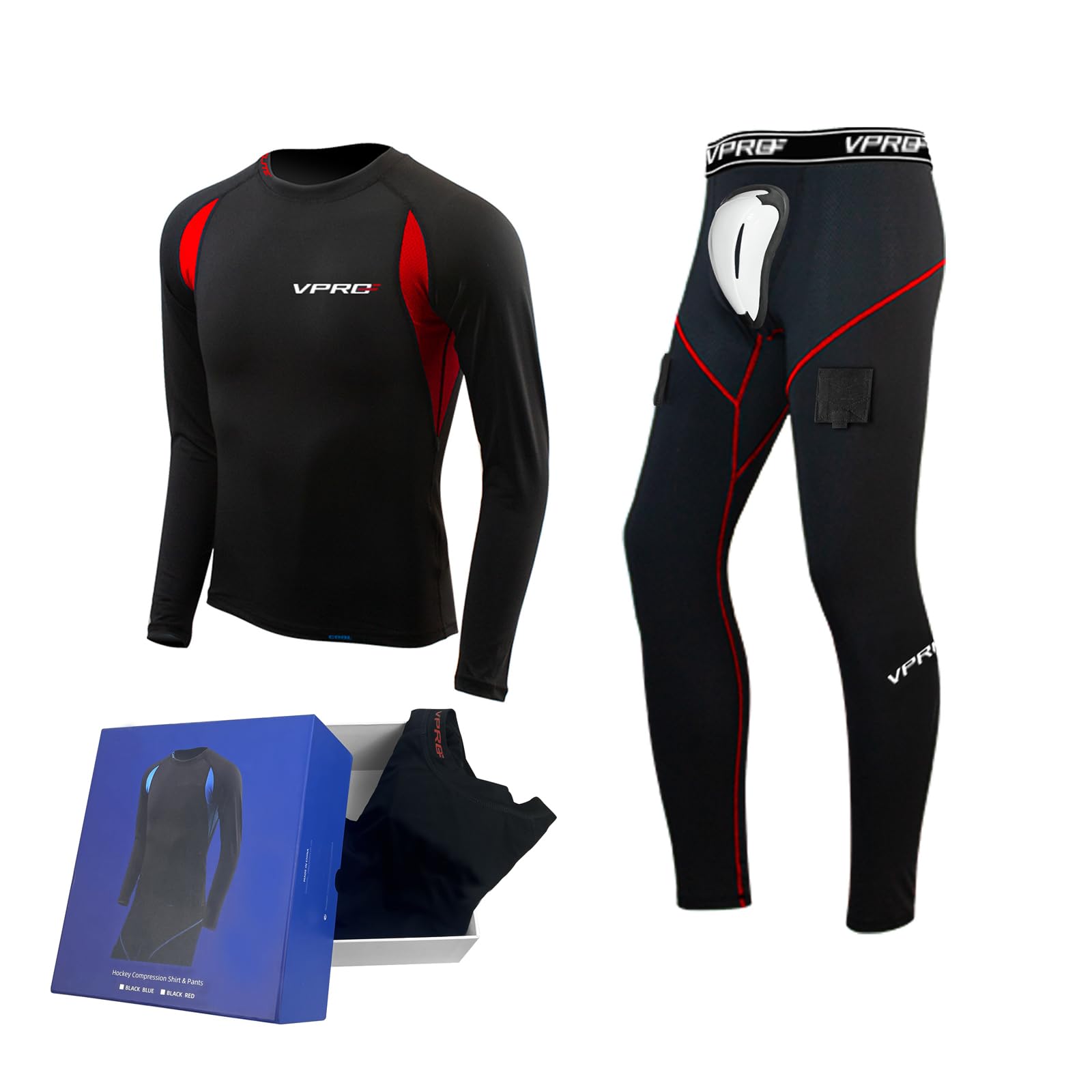 VPRO Quick-Drying Clothes Hockey Baselayer Set - Long Sleeve Compression Shirt and Pants, Moisture Wicking Quick-Drying Includes a protective shield shell (Red, SR/XS)