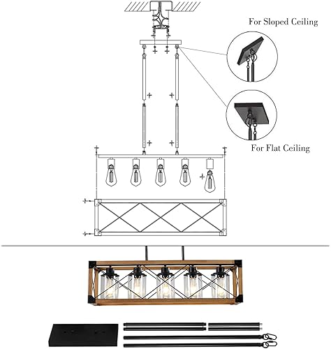Miniatura 8 de Lámparas colgantes rústicas de casa de campo, candelabros para comedor y cocina, accesorios de luz de isla de 5 luces, candelabro de madera sobre la