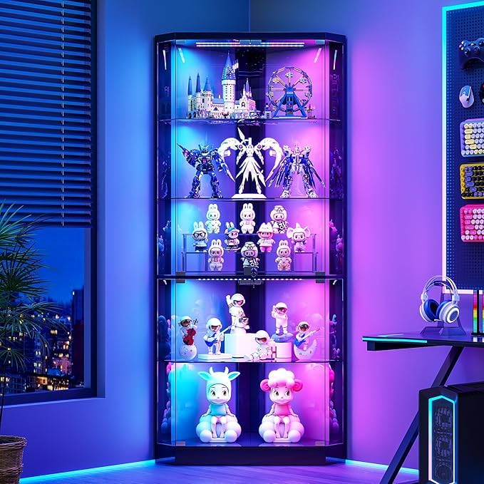 Gurexl 69 '' Display Cabinets with Glass Doors and Dynamic lighting,Corner Display Case with Human Sensor and Adjustable Shelves,Modern Curio Storage Cabinet with 5 Tier for Living Room, Bedroom,Black