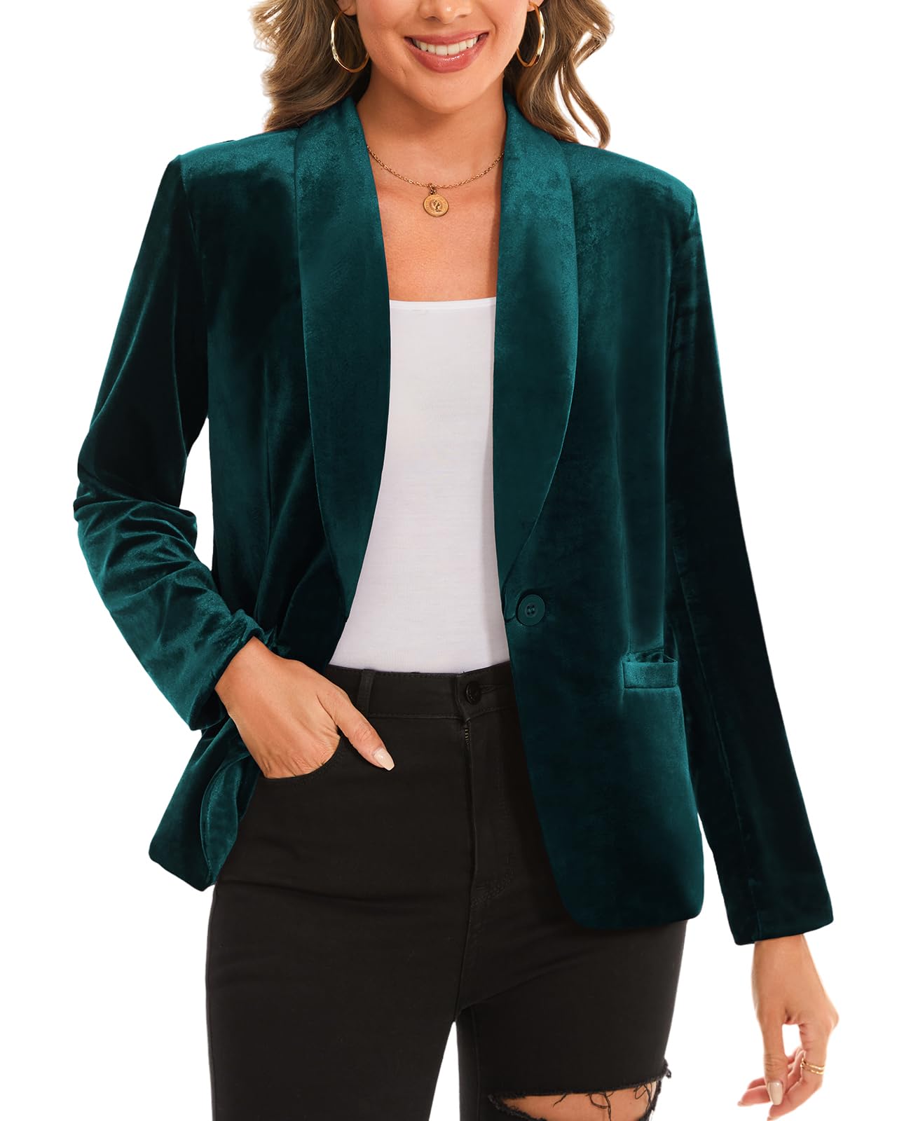 MINTLIMIT Womens Long Sleeve Velvet Jacket Button Open Front Shawl Collar Outerwear Coat Velour Blazers Green Size 2XL