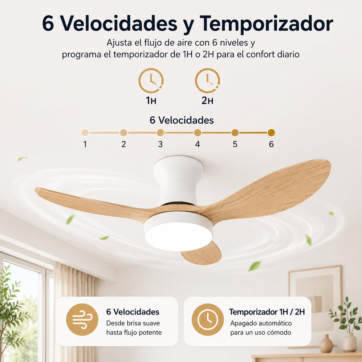 Genérico Ventilador de Techo Inteligente 63cm Madera con Luz Regulable, App/Mando, 3 Aspas Reversibles, Motor Silencioso Empotrado para Dormitorio, Bajo Consumo 220V (Blanco)