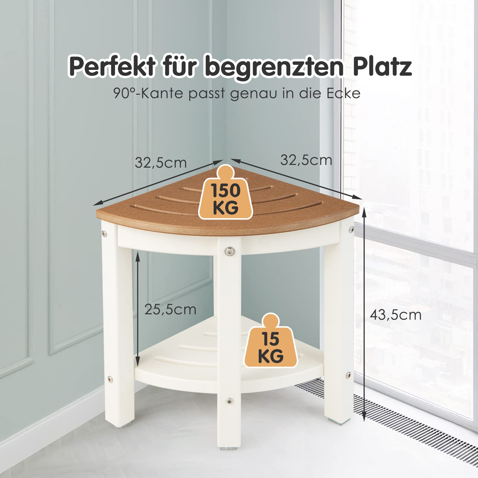 COSTWAY Duschbank Bad, Sitzbank mit Ablage, Badhocker Fächerförm, bis 165 kg belastbar, Badezimmerbank Duschstuhl, Eck-Duschhocker Braun+Weiß, 32,5x32,5x43,5 cm