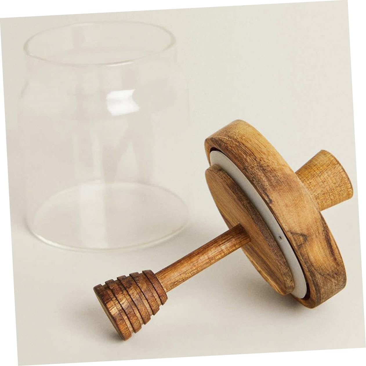 ERINGOGO Glas Honigtopf mit Holz Honiglöffel Luftdichter Honigbehälter für Küche Transparentes Glas mit Holzdeckel Praktischer Honigspender für Sauberes Dosieren und Aufbewahrung
