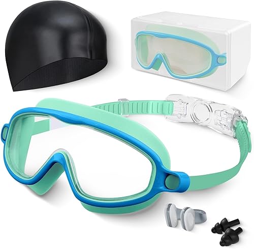 Gafas de natación para niños, antivaho, protección UV y amplia visión con gorro de natación para niños de 3 a 15 años