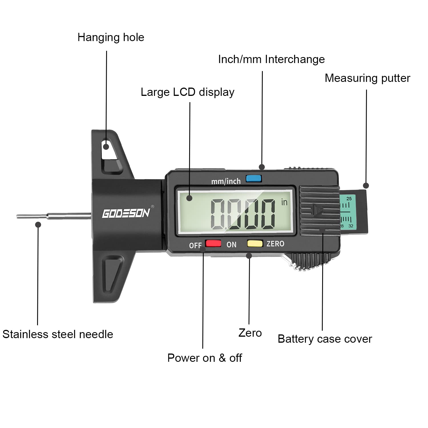GODESON Tire Tread Depth Gauge,Digital Tire Tread Depth Gauge in 1Inch/25.4mm with Color-Coded Bar, Easy Read Tire Depth Gauge for Cars, Trucks, Motorcycles