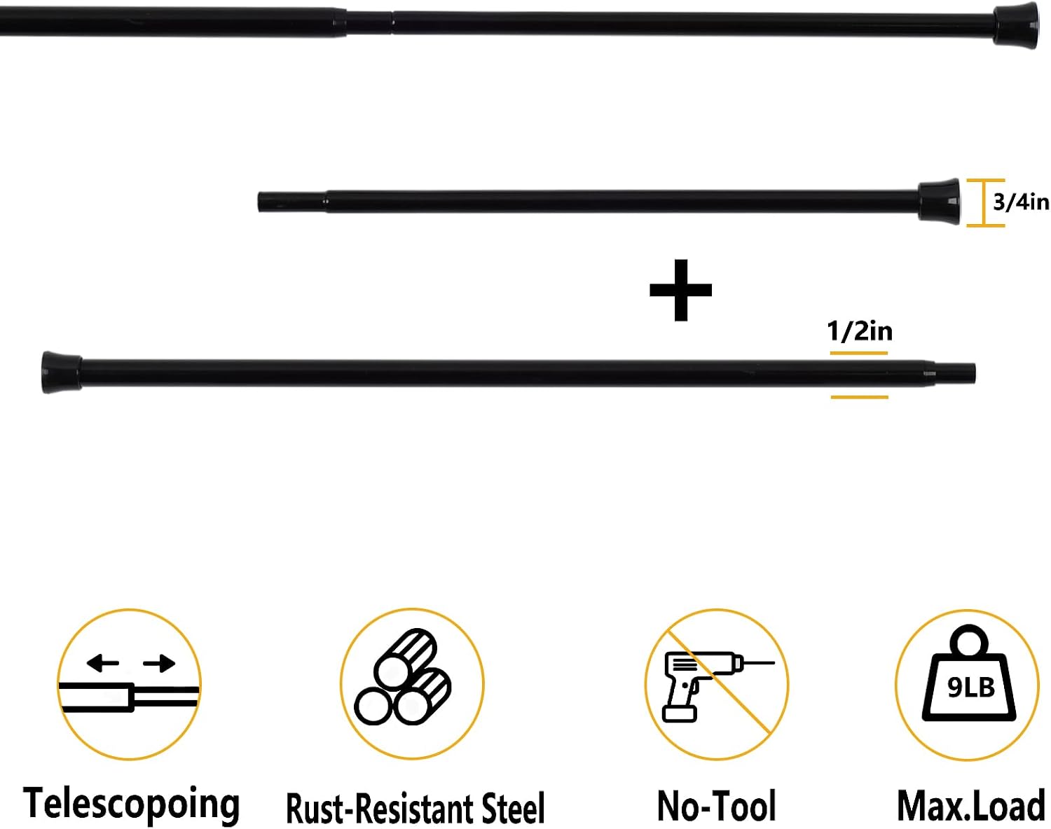 KXLife Tension Curtain Rod Adjustable 28-40 Inch, 2 Pack, Black