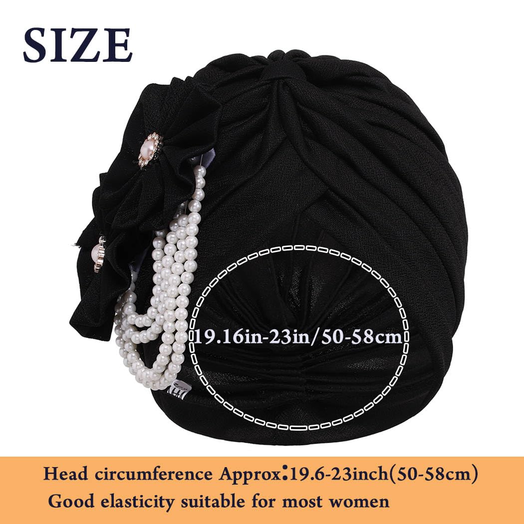 IYOU Flower Afrcian Head Wraps Black Floral Turban Headband Pearl Tassel Beanie Cap for Women - Image 4