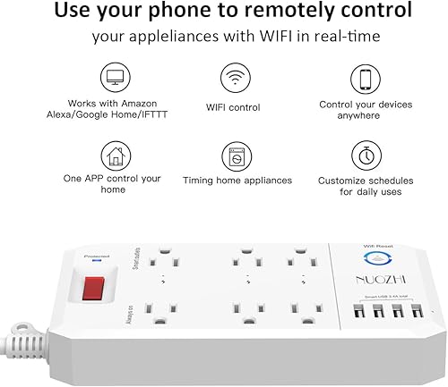 Miniatura 4 de Cable de extensión inteligente de 6 pies con protector de sobretensiones  NUOZHI WiFi Power Strip con 3 salidas inteligentes y 3 tomas siempre