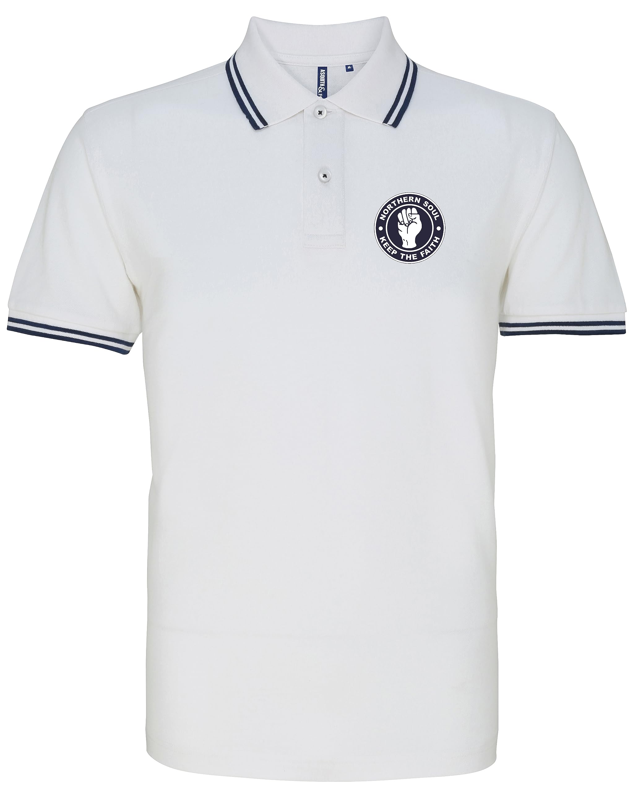 Hiviz Kings Men's White & Navy Northern Soul Keep The Faith Embroidered Tipped Polo Shirt (L 42", )