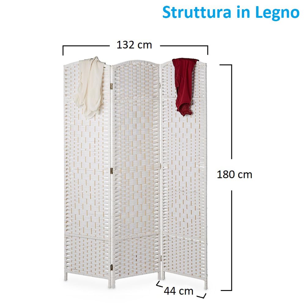 Paluplus Divisorio per Ambienti Pieghevole a 3 Pannelli, Misura 132x180 cm, Separè in Corda Intrecciata, Paravento Decorativo da Interno per Camera da Letto, Soggiorno, Ufficio -968F (Bianco)