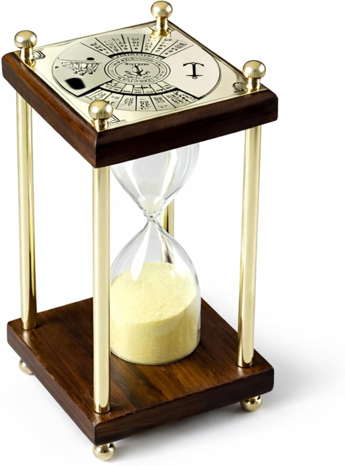 Vintage Wooden Sandtimer with Brass Frame & 100 Year Calendar Dial – Nautical Hourglass Timer for Desk Decor, Office, Study Room, Antique Gift, Classic Maritime Decoration