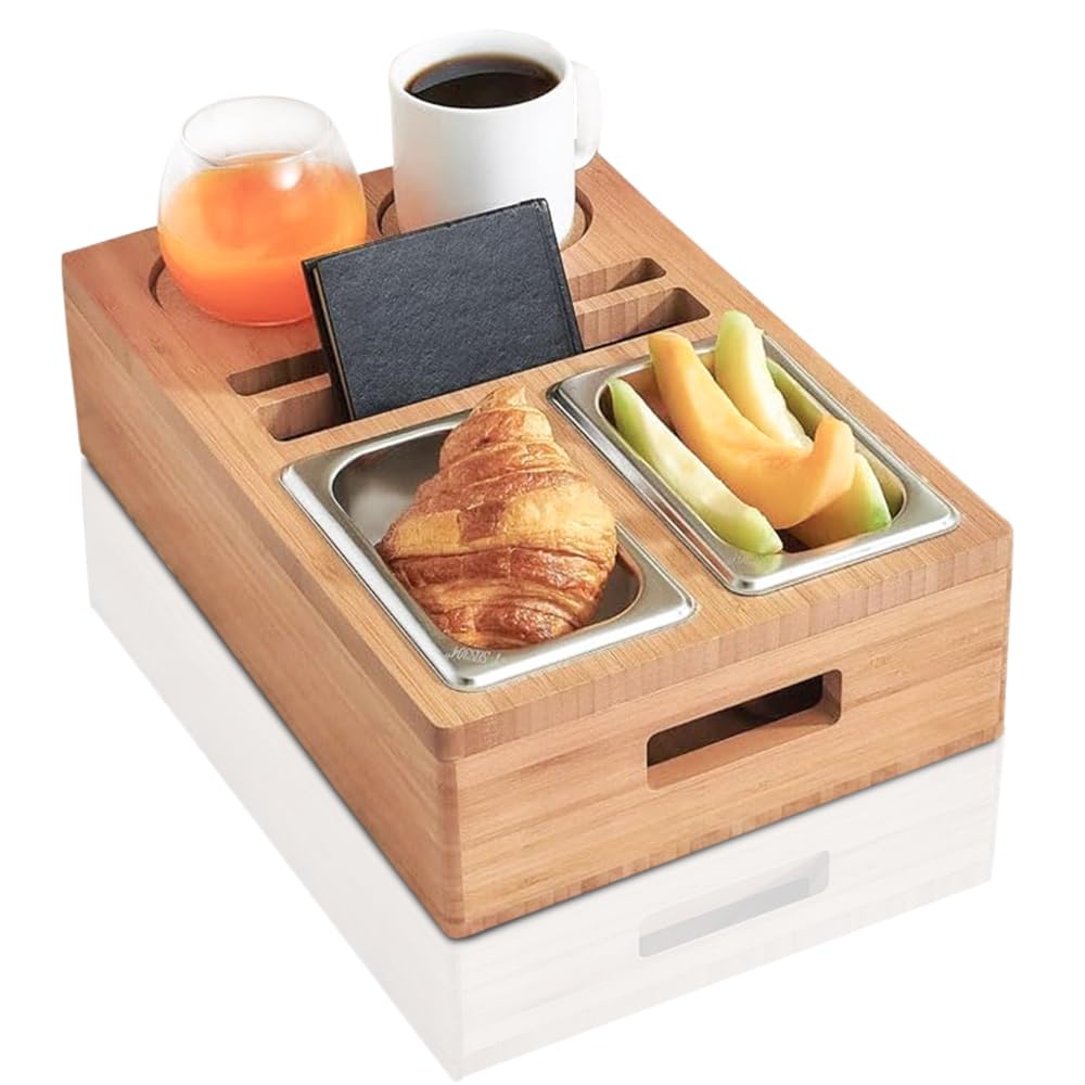 Bamboo Snack Tray Cup Holder - Food Caddy for Eating on Couch, Bed, Sofa - TV Remote and Drink Holder Console Table Organizer - 15.75"x10.25"x4