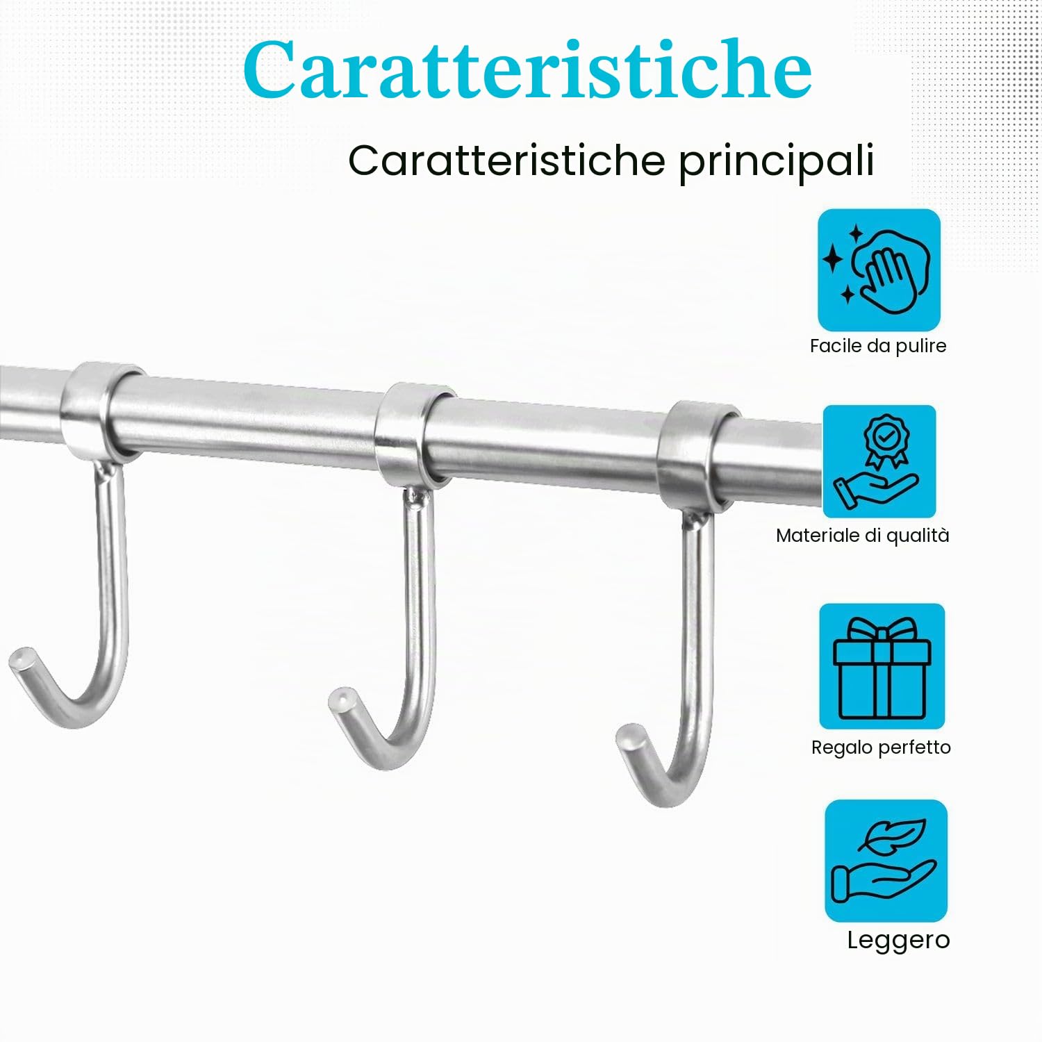 Intirilife Appendiabiti per la Cucina in Acciaio Inox con 6 Ganci mobili da forare - 35.8 x 3.4 x 2.2 cm - ringhiera Cucina Gancio Porta Utensili Cucina Asta Porta Bicchieri da Parete