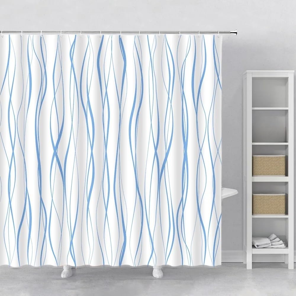 Cortina de Ducha 240 x 200 cm con Diseño Geométrico de Líneas Onduladas, Moderna y Sencilla, de Poliéster, Impermeable y Lavable, Ideal para decoración de Bañera, Color Azul, 240 x 200 cm (1 Pa
