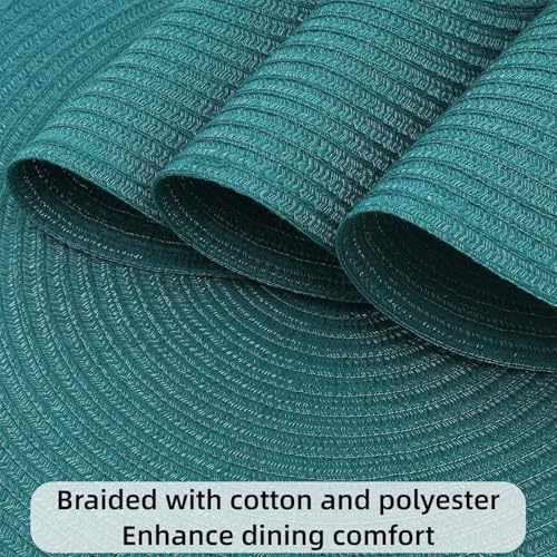 Image of SHACOS Round Placemats Set of 8 Woven Braided Table Placemats 15 inch Circle Place Mats Washable Non Slip Table Mats for Home Wedding Party, Teal Green