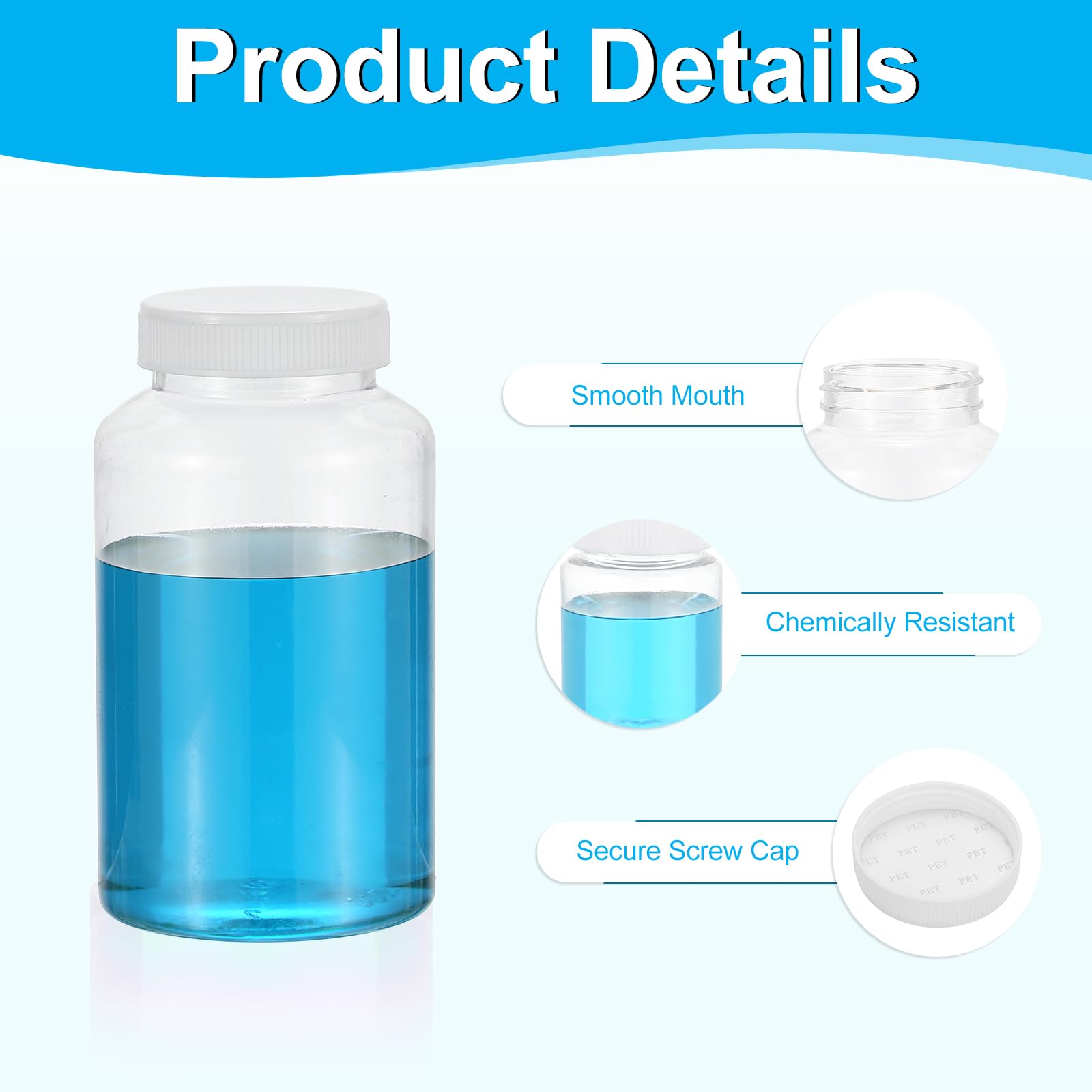 PATIKIL 20 Botellas de Reactivo de 500ml Botellas de Boca Ancha de PET con Tapa de Rosca para Almacenamiento de Muestras Líquidas Y Sólidas En Laboratorio Sellado Transparente