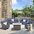 HOOOWOOO Patio Outdoor Furniture with Large Fire Pit Table,High Back 6 Piece Wicker Patio Conversation Set with Swivel Chairs,7 Person Couch Sofa Seating,Denim Blue