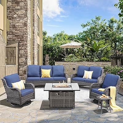 HOOOWOOO Patio Outdoor Furniture with Large Fire Pit Table,High Back 6 Piece Wicker Patio Conversation Set with Swivel Chairs,7 Person Couch Sofa Seating,Denim Blue