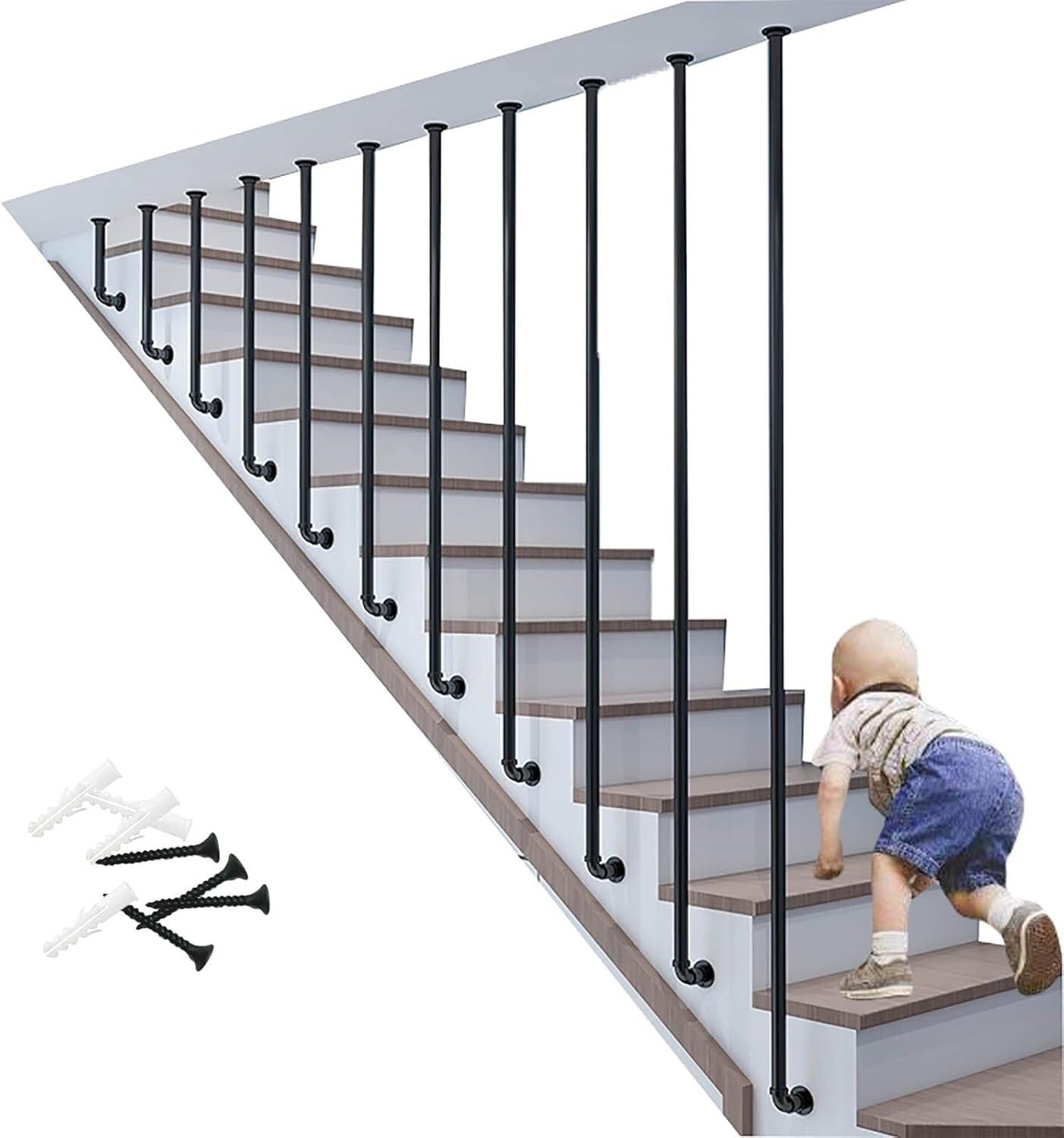 Industrial Black Iron Stair Railings - Modern L-Shaped Pipe Design for Indoor Stairs & Lofts - Safe il (11.8in) - & Stylish Stair Safety Solution