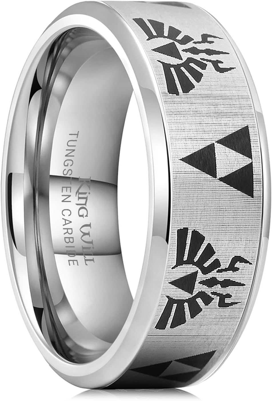 King Will 8mm Mens Black/Blue Tungsten Carbide Wedding Ring Game-Themed Laser Pattern Ring Matte Finished Plated Stepped Beveled Edges