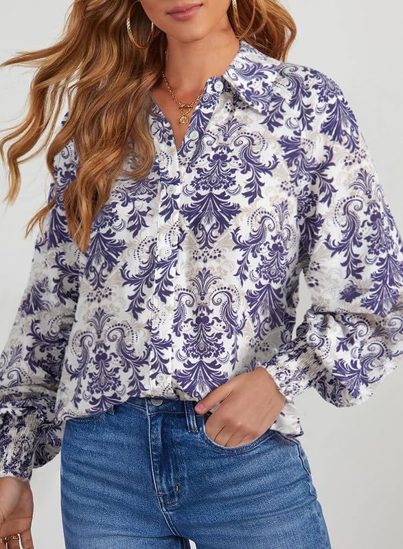 Dokotoo Women's Casual V Neck Allover Floral Print Long Sleeve Chiffon Button Down Blouses Bohemian Top Shirts - Image 3